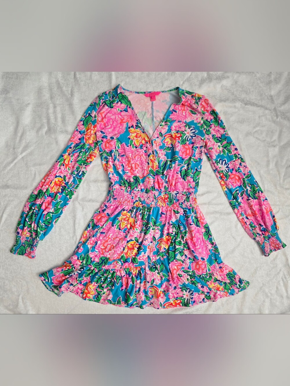 Lilly Pulitzer Peggy Romper MED in Rose To The Occasion Pink / Blue Long Sleeves